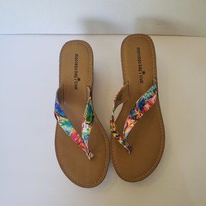 Montego Bay Club Cork Wedge Thong Flip Flop Floral Sandal Women's Size US 8